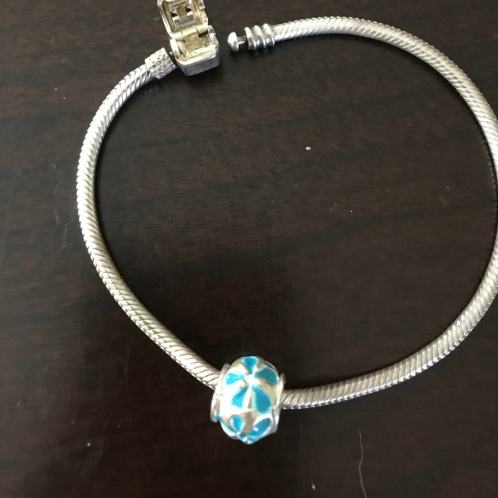 Silver and Blue Charm for Bracelet - Flower Design